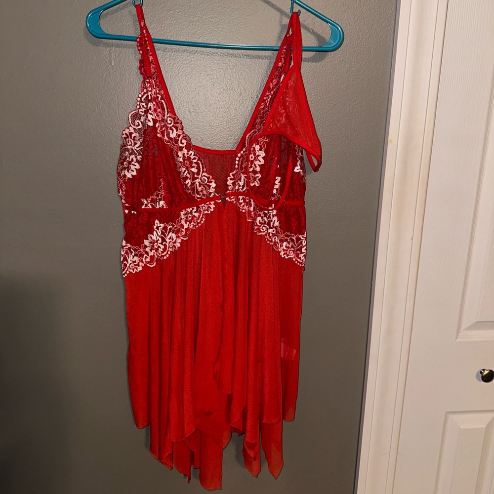 Red front clip teddy with matching thong